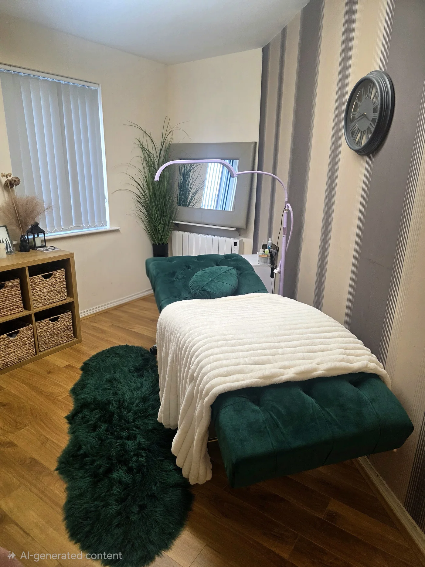 Green treatment bed with a cream blanket in a bright salon room