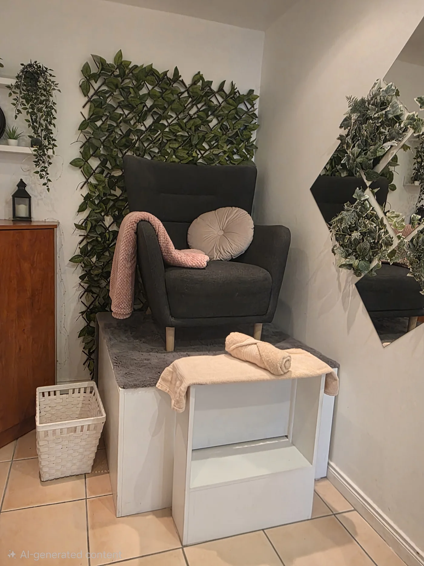 Pedicure chair and foot basin surrounded by greenery